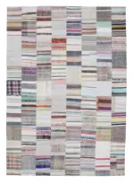 Chaput Patchwork Bej Renk Pamuk Üzerine Yün El Dokuma Kilim-246x352