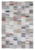 Chaput Patchwork Bej Renk Pamuk Üzerine Yün El Dokuma Kilim-248x370