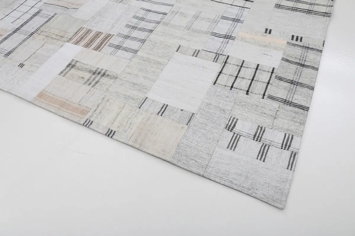 İnce Bez Patchwork Bej Pamuk Üzerine Yün El Dokuma Kilim-253x305 - Görsel 4