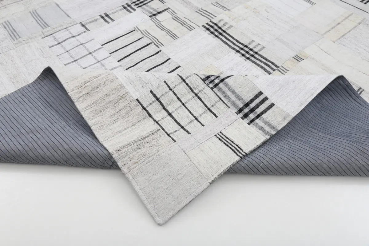 İnce Bez Patchwork Bej Pamuk Üzerine Yün El Dokuma Kilim-253x305 - Görsel 5