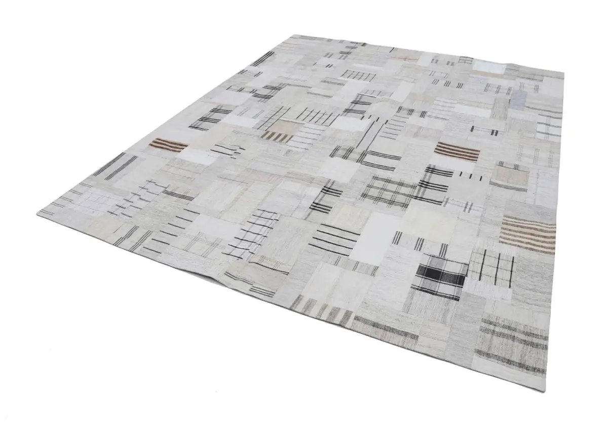 İnce Bez Patchwork Bej Pamuk Üzerine Yün El Dokuma Kilim-251x305 - Görsel 2