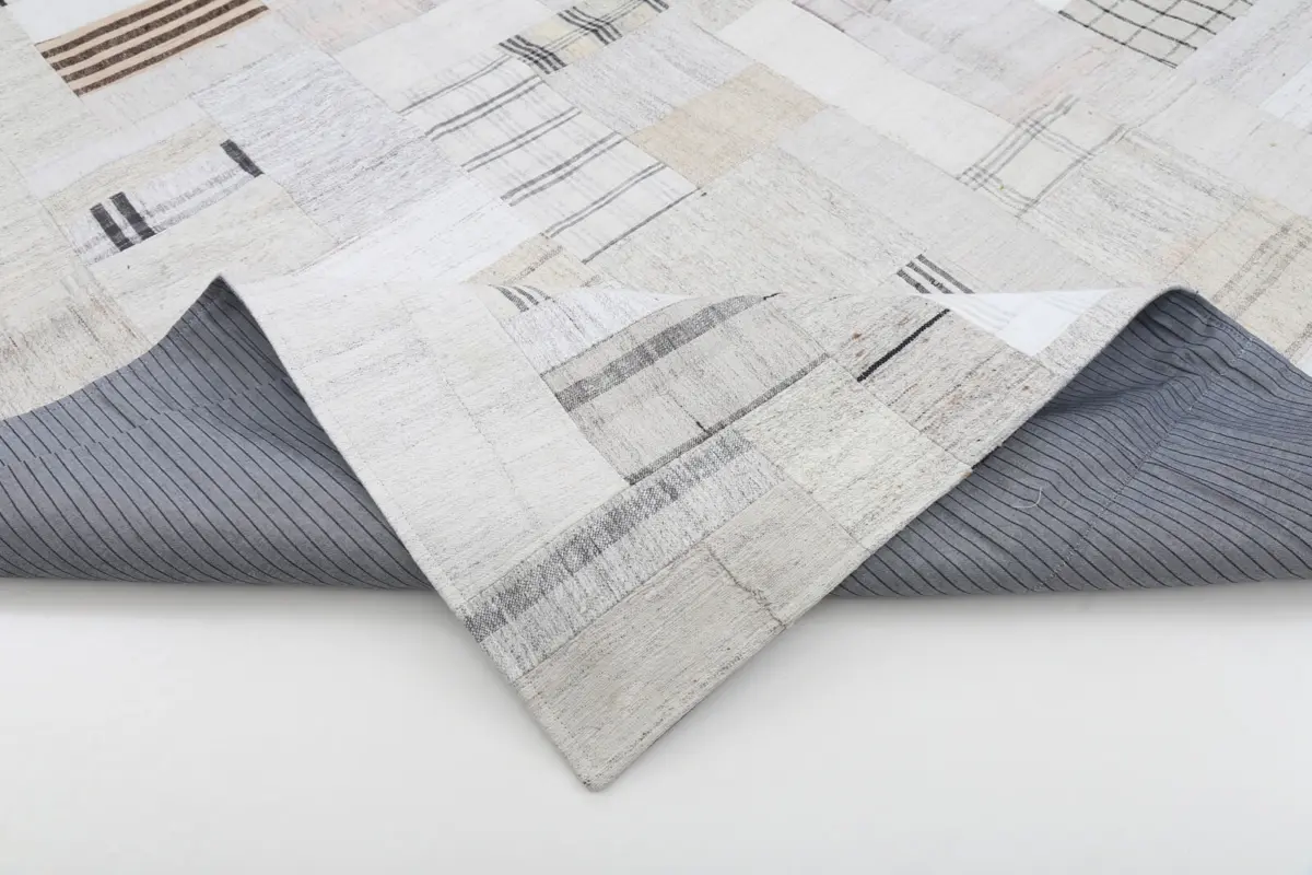 İnce Bez Patchwork Bej Pamuk Üzerine Yün El Dokuma Kilim-251x305 - Görsel 5
