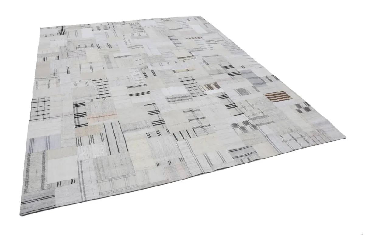 İnce Bez Patchwork Bej Pamuk Üzerine Yün El Dokuma Kilim-253x304 - Görsel 3