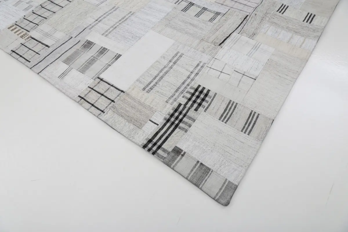 İnce Bez Patchwork Bej Pamuk Üzerine Yün El Dokuma Kilim-253x304 - Görsel 4