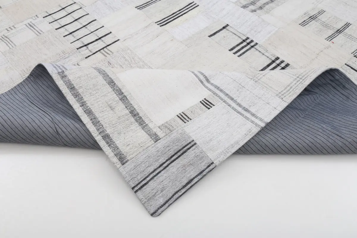 İnce Bez Patchwork Bej Pamuk Üzerine Yün El Dokuma Kilim-253x304 - Görsel 5