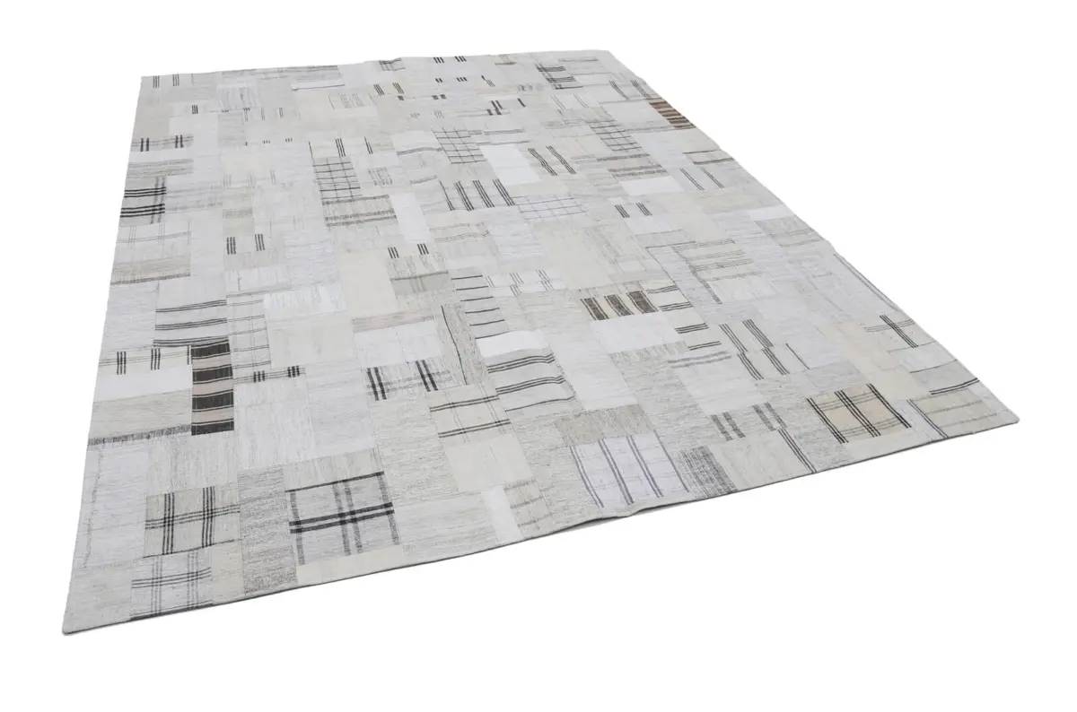 İnce Bez Patchwork Bej Pamuk Üzerine Yün El Dokuma Kilim-251x305 - Görsel 3