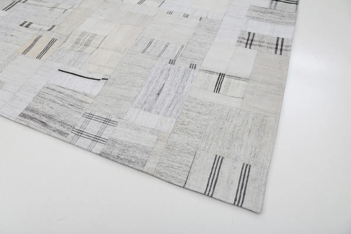 İnce Bez Patchwork Bej Pamuk Üzerine Yün El Dokuma Kilim-251x305 - Görsel 4