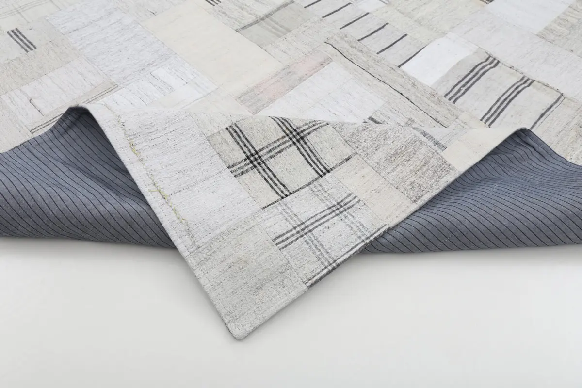 İnce Bez Patchwork Bej Pamuk Üzerine Yün El Dokuma Kilim-251x305 - Görsel 5