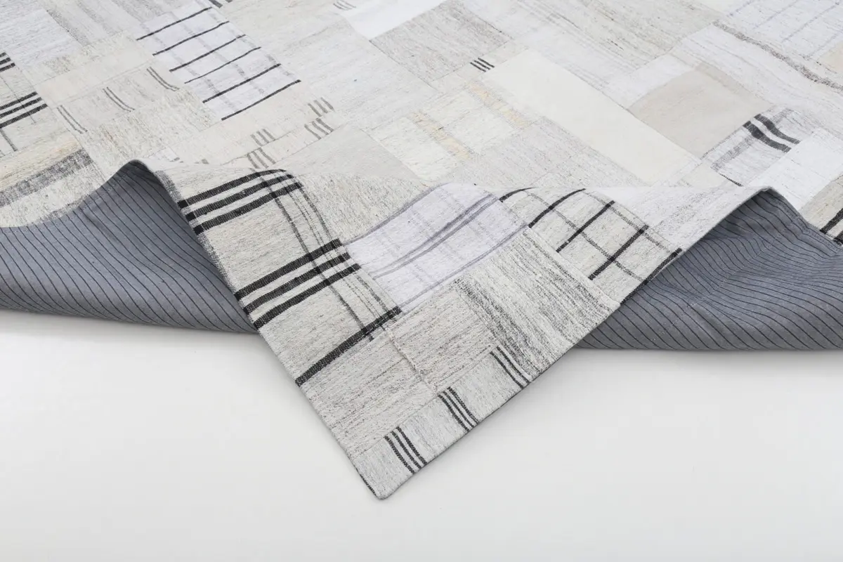 İnce Bez Patchwork Bej Pamuk Üzerine Yün El Dokuma Kilim-252x305 - Görsel 5