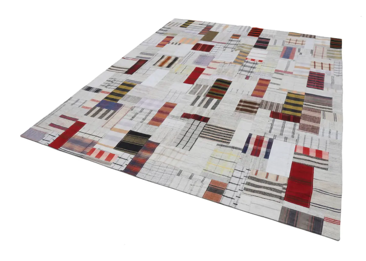 İnce Bez Patchwork Multi Pamuk Üzerine Yün El Dokuma Kilim-250x305 - Görsel 2