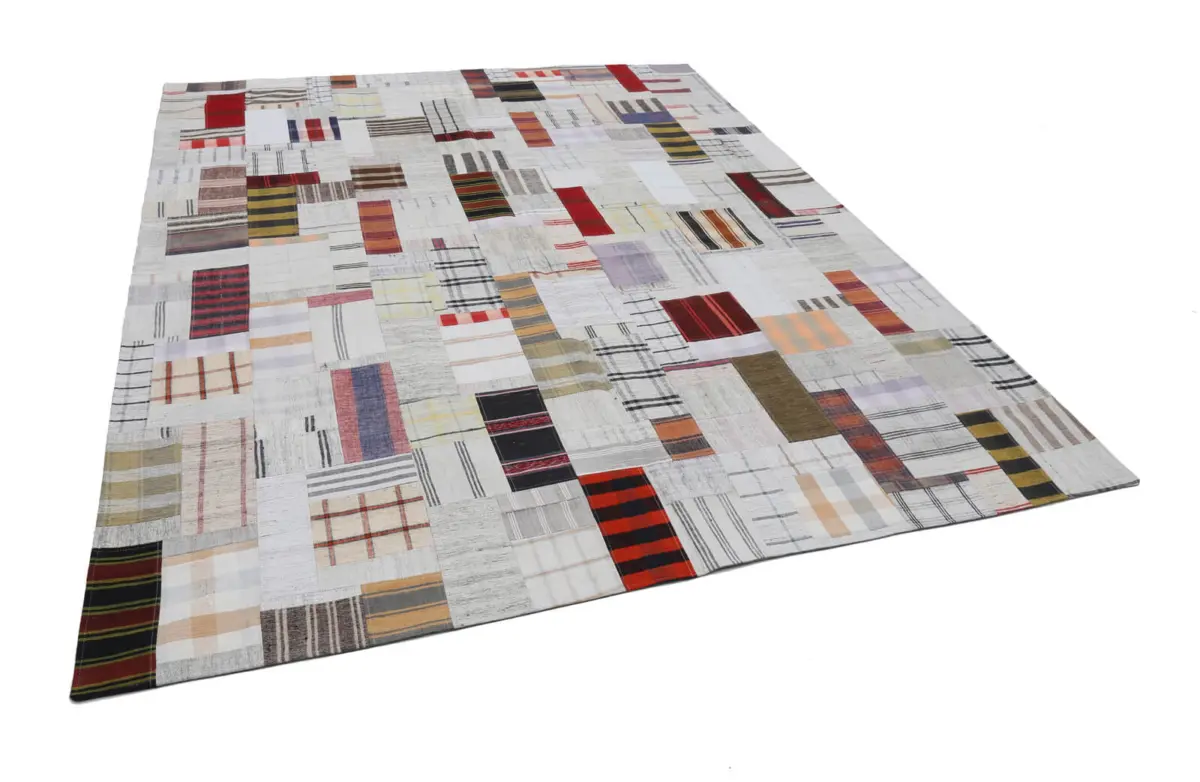 İnce Bez Patchwork Multi Pamuk Üzerine Yün El Dokuma Kilim-250x305 - Görsel 3