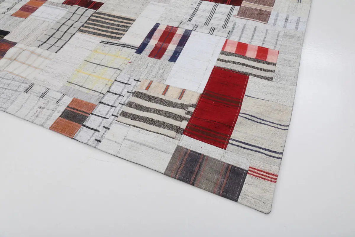 İnce Bez Patchwork Multi Pamuk Üzerine Yün El Dokuma Kilim-250x305 - Görsel 4