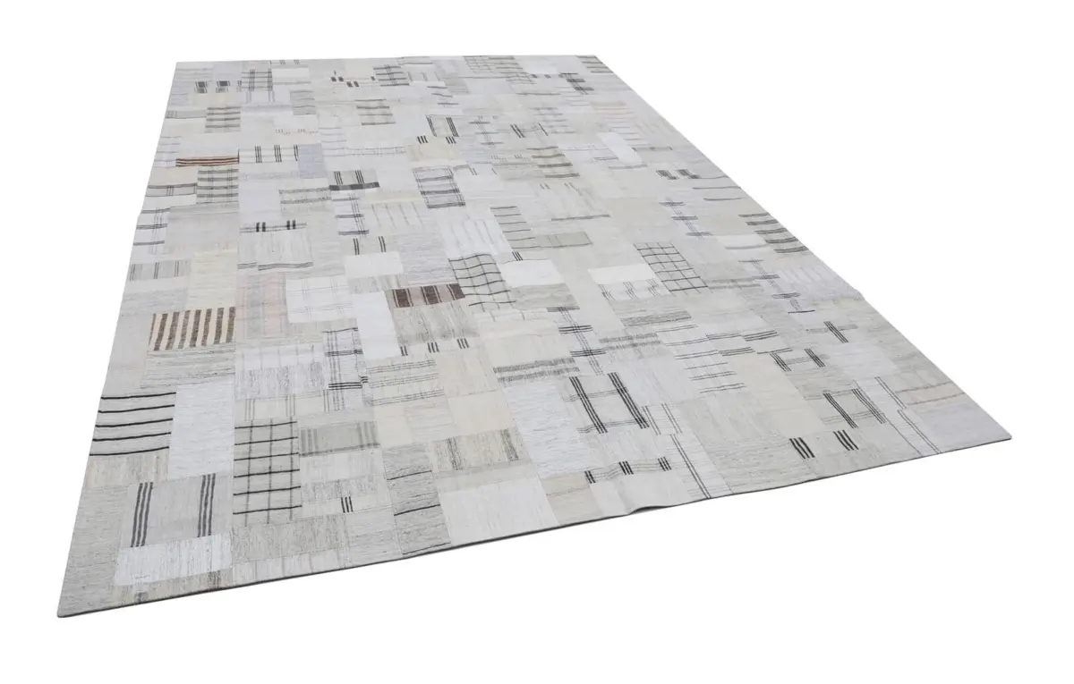 İnce Bez Patchwork Bej Pamuk Üzerine Yün El Dokuma Kilim-263x366 - Görsel 3