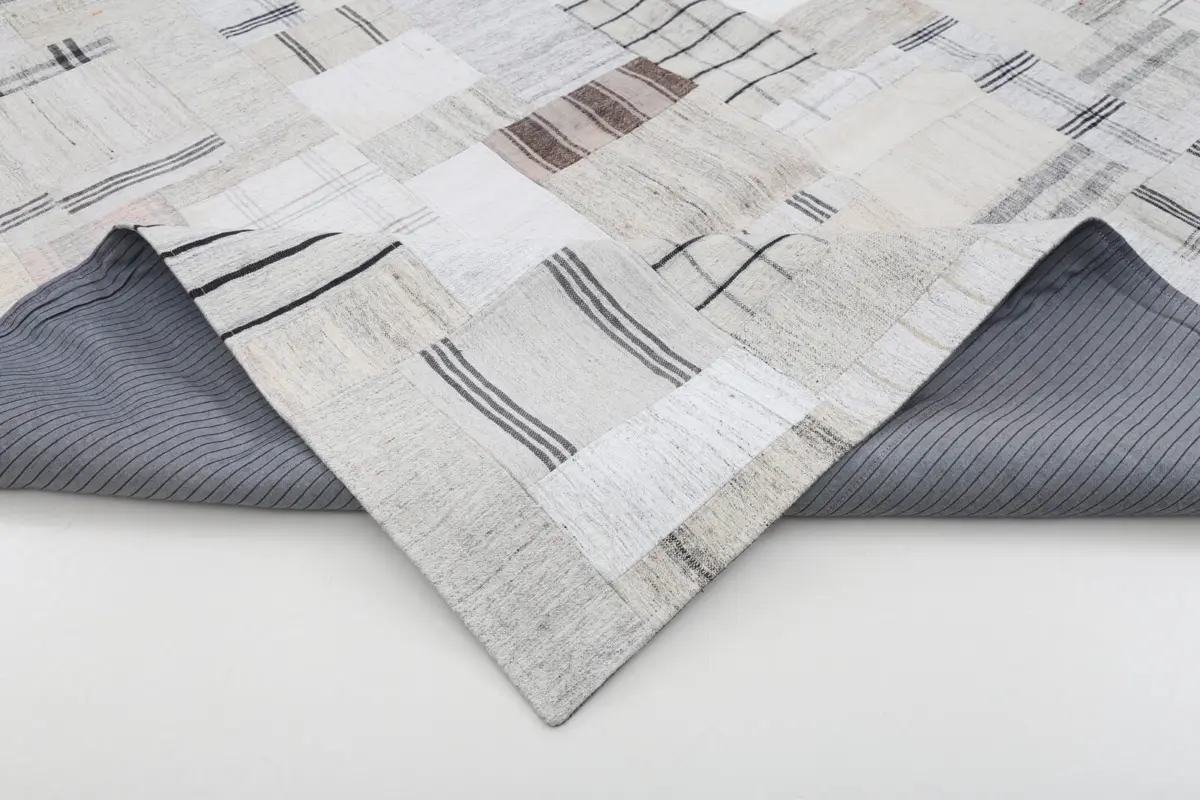 İnce Bez Patchwork Bej Pamuk Üzerine Yün El Dokuma Kilim-263x366 - Görsel 5