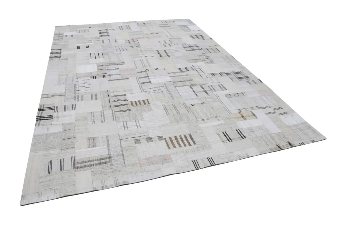 İnce Bez Patchwork Bej Pamuk Üzerine Yün El Dokuma Kilim-265x370 - Görsel 3