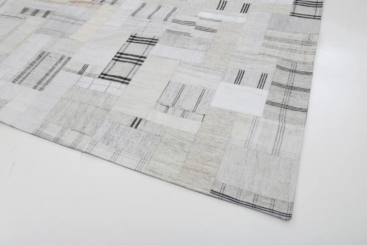 İnce Bez Patchwork Bej Pamuk Üzerine Yün El Dokuma Kilim-265x370 - Görsel 4