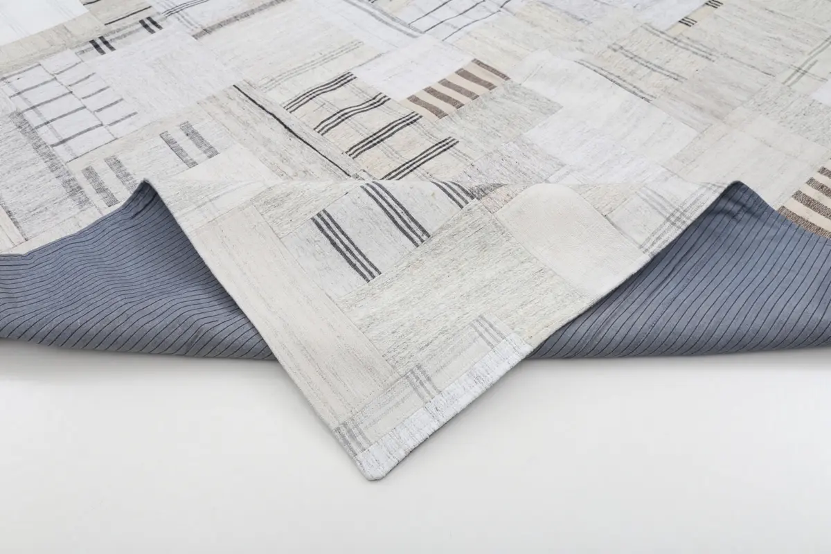 İnce Bez Patchwork Bej Pamuk Üzerine Yün El Dokuma Kilim-265x370 - Görsel 5