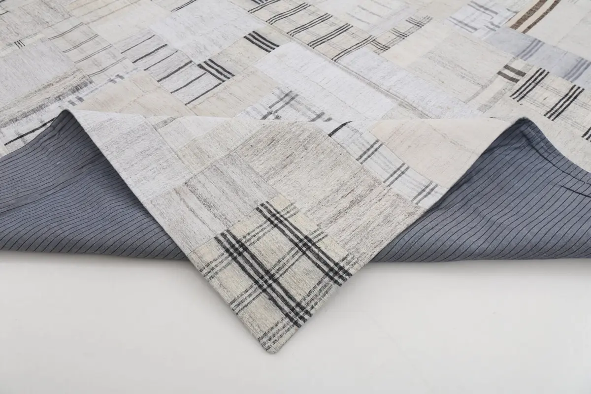 İnce Bez Patchwork Bej Pamuk Üzerine Yün El Dokuma Kilim-298x401 - Görsel 5