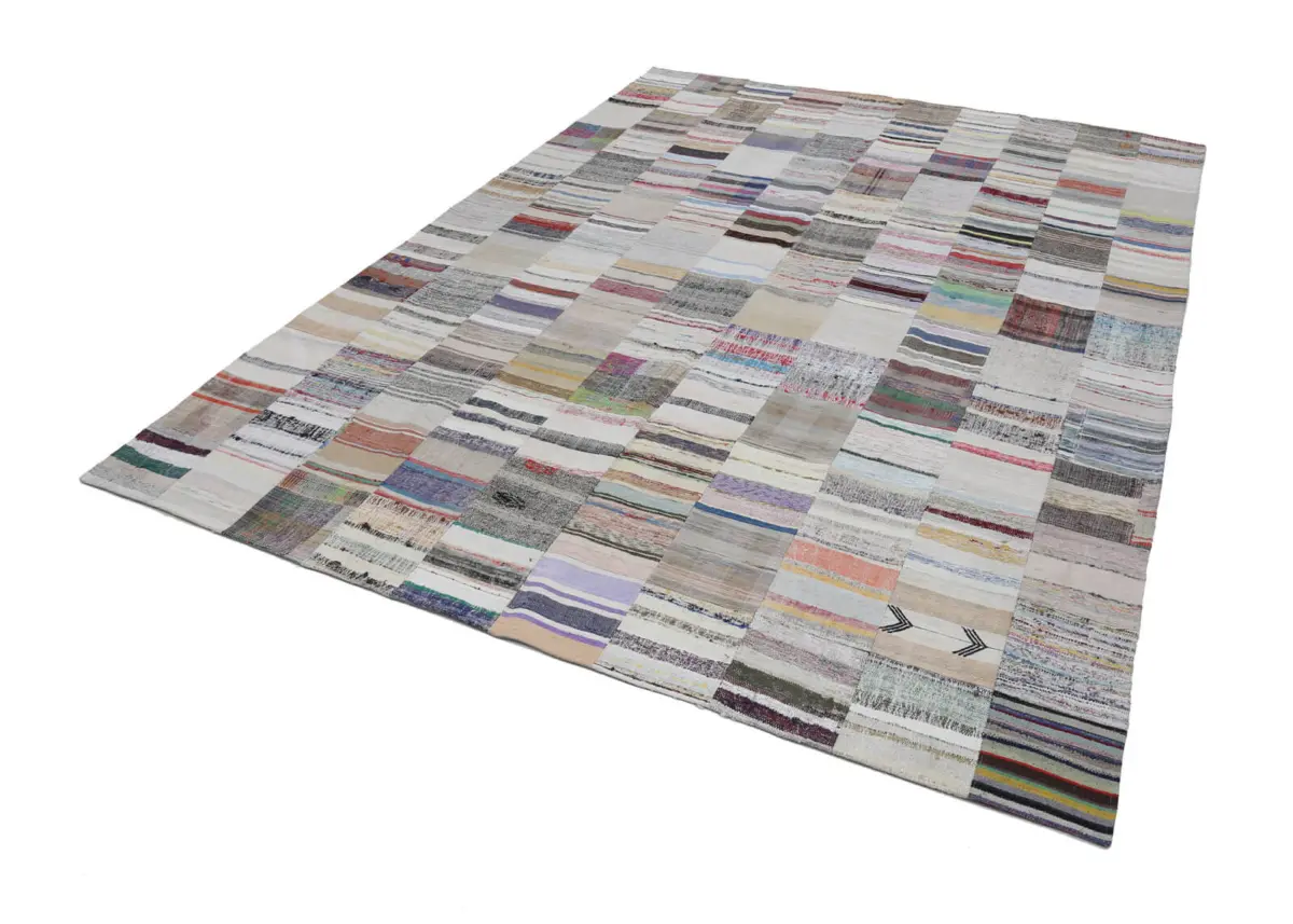 Chaput Patchwork Bej Renk Pamuk Üzerine Yün El Dokuma Kilim-302x399 - Görsel 2