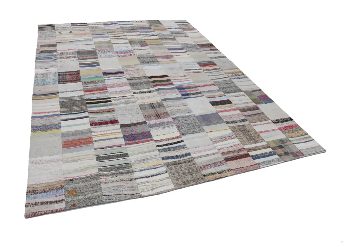 Chaput Patchwork Bej Renk Pamuk Üzerine Yün El Dokuma Kilim-302x399 - Görsel 3