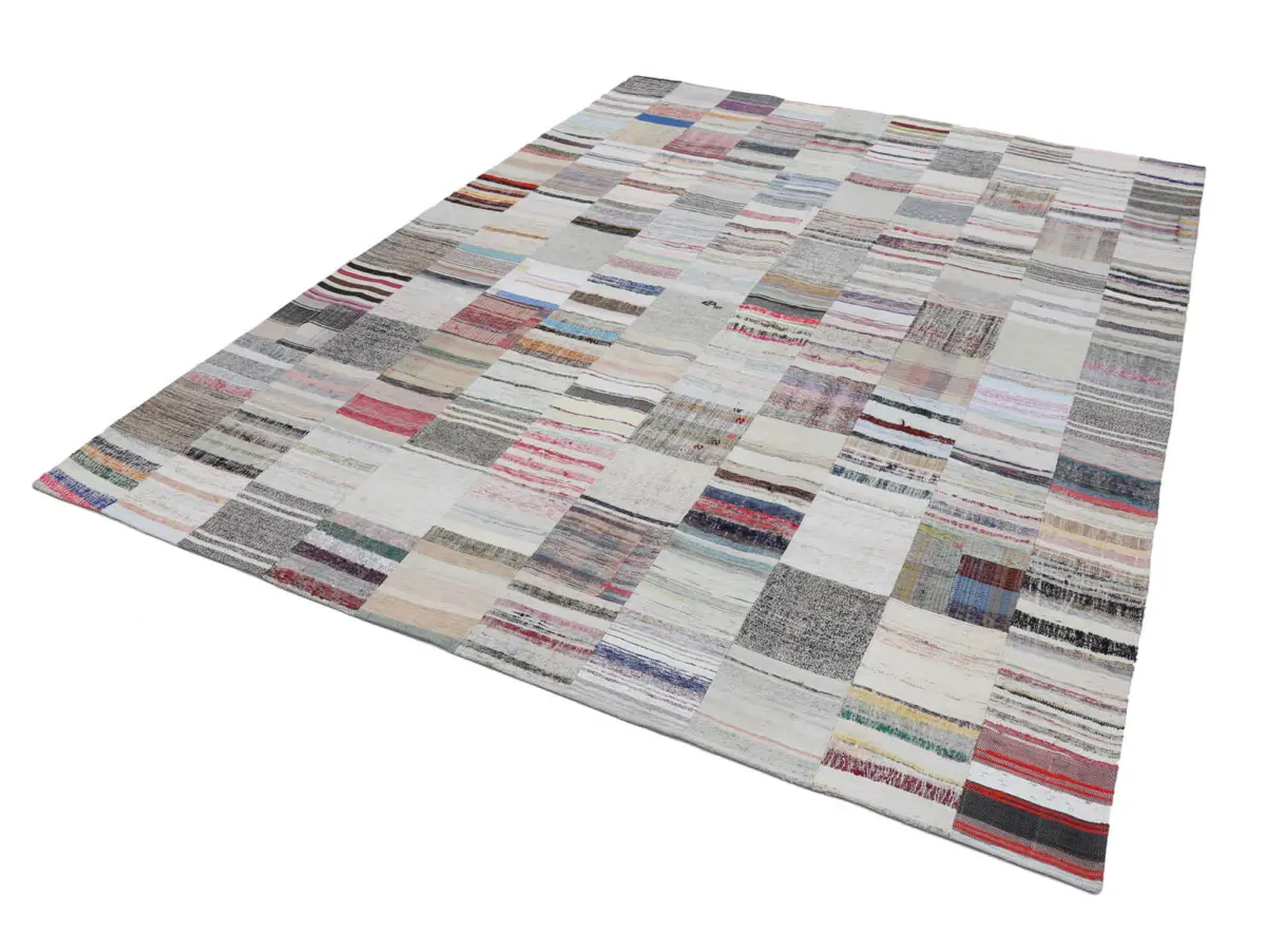 Chaput Patchwork Bej Renk Pamuk Üzerine Yün El Dokuma Kilim-302x400 - Görsel 2
