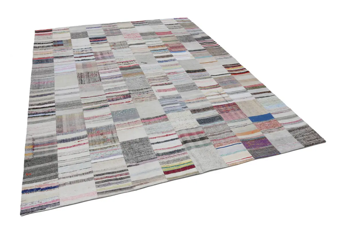 Chaput Patchwork Bej Renk Pamuk Üzerine Yün El Dokuma Kilim-302x400 - Görsel 3