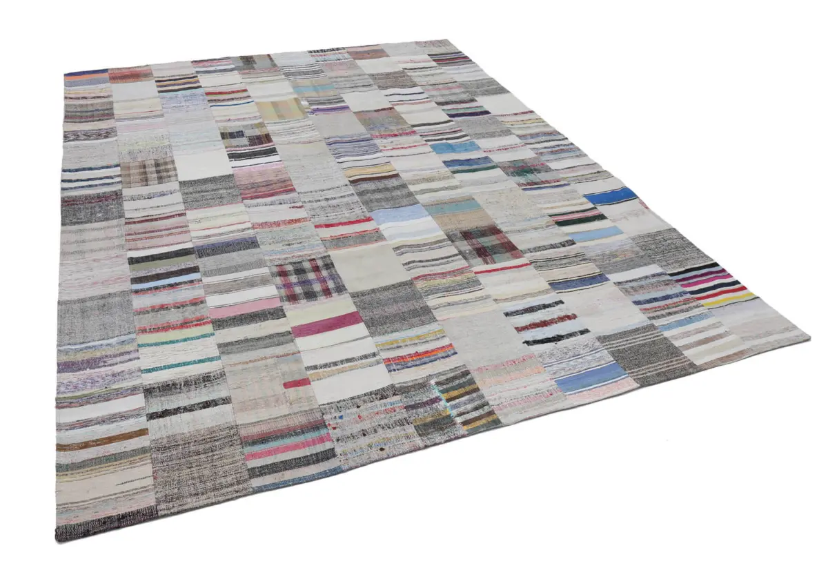 Chaput Patchwork Bej Renk Pamuk Üzerine Yün El Dokuma Kilim-303x401 - Görsel 2