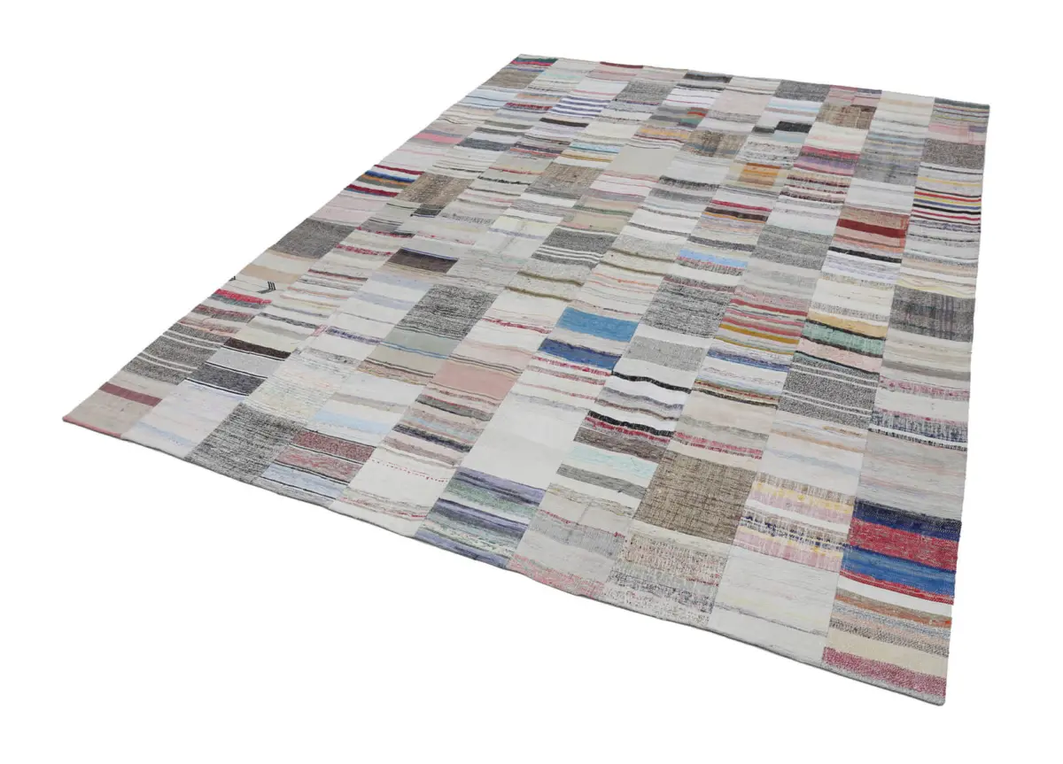 Chaput Patchwork Bej Renk Pamuk Üzerine Yün El Dokuma Kilim-301x402 - Görsel 2