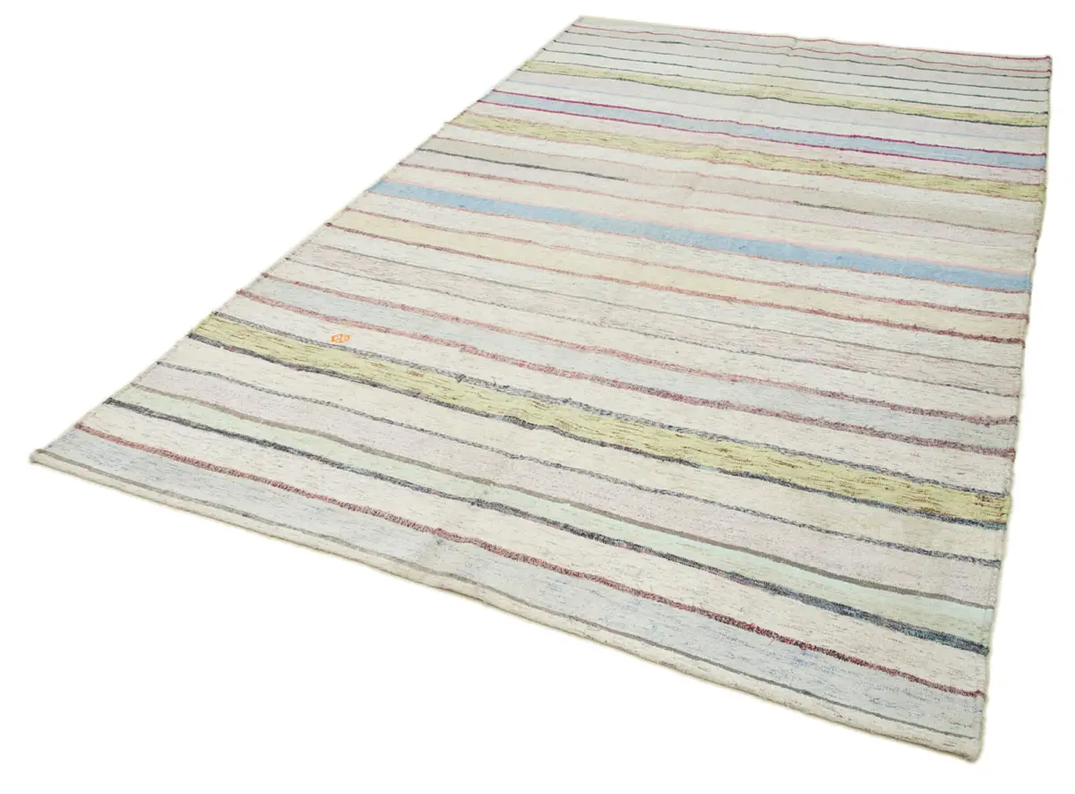 Chaput Çizgili Multi Renk Pamuk Üzerine Yün El Dokuma Kilim-185x310 - Görsel 3