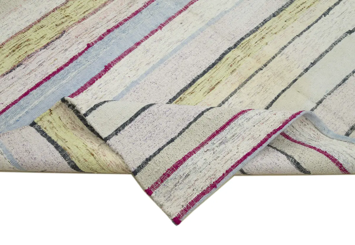 Chaput Çizgili Multi Renk Pamuk Üzerine Yün El Dokuma Kilim-185x310 - Görsel 6