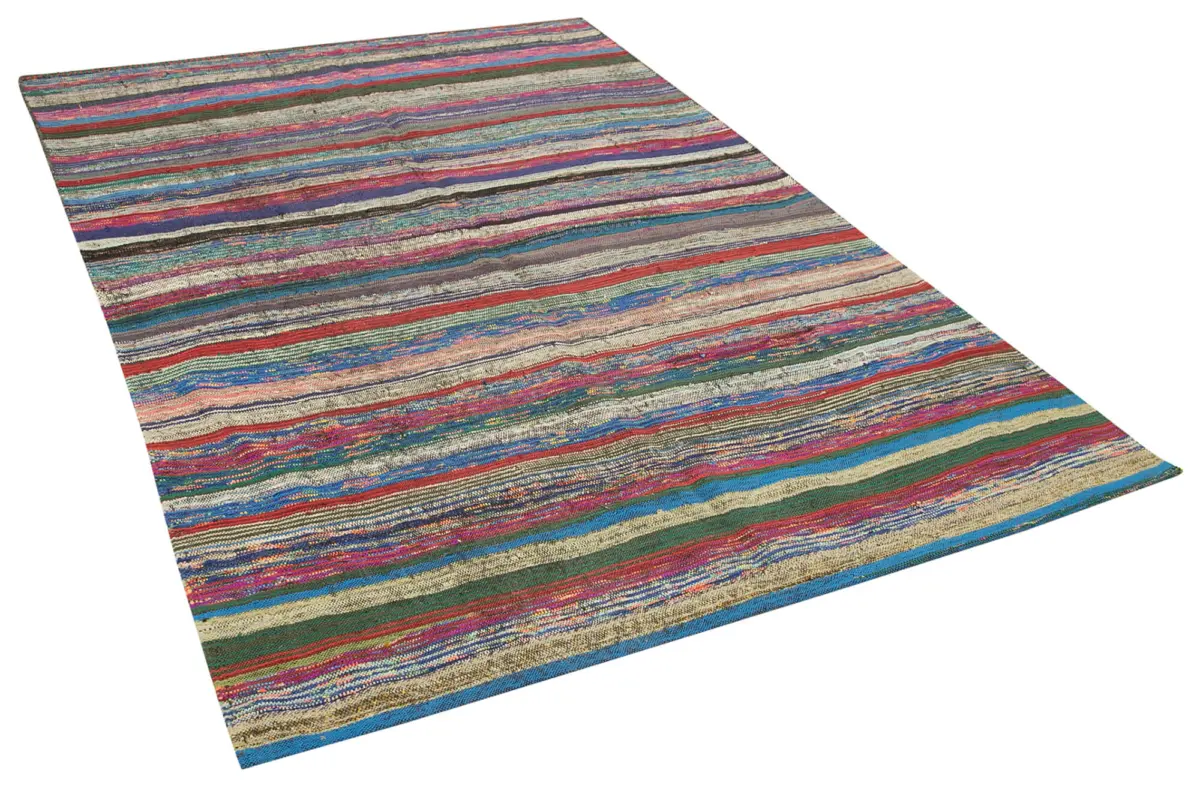 Chaput Çizgili Multi Renk Pamuk Üzerine Yün El Dokuma Kilim-173x245 - Görsel 2