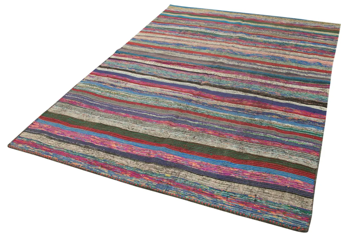 Chaput Çizgili Multi Renk Pamuk Üzerine Yün El Dokuma Kilim-173x245 - Görsel 3