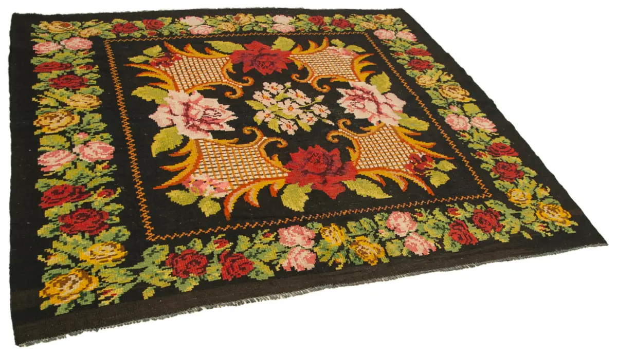 Moldovian Klasik Göbekli Siyah Pamuk Üzerine Yün El Dokuma Kilim-180x200 - Görsel 2