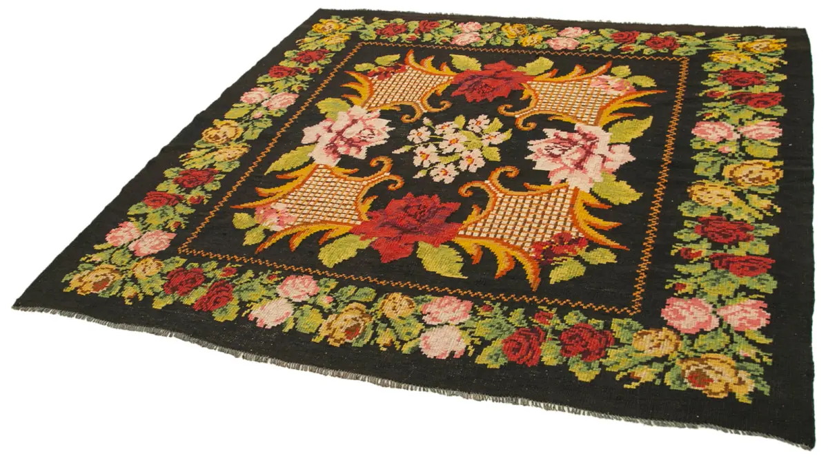 Moldovian Klasik Göbekli Siyah Pamuk Üzerine Yün El Dokuma Kilim-180x200 - Görsel 3