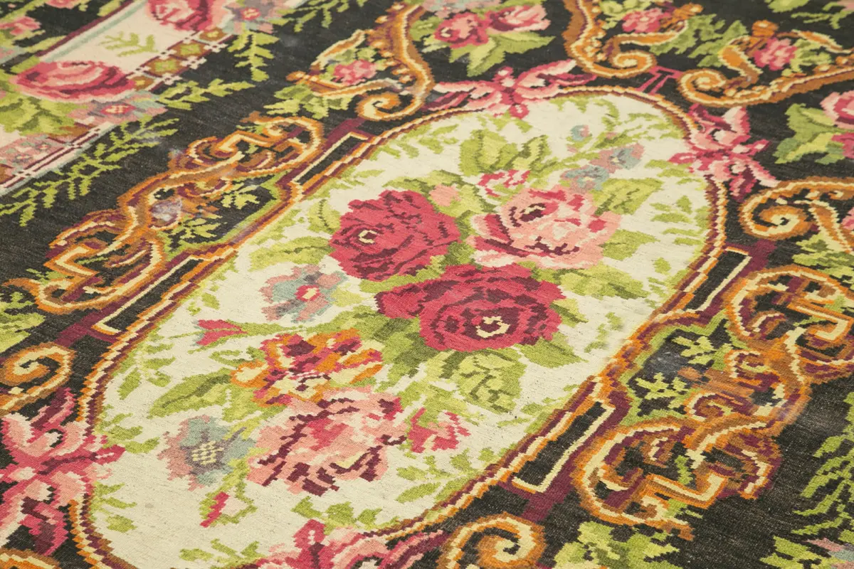 Moldovian Klasik Göbekli Siyah Pamuk Üzerine Yün El Dokuma Kilim-214x356 - Görsel 5