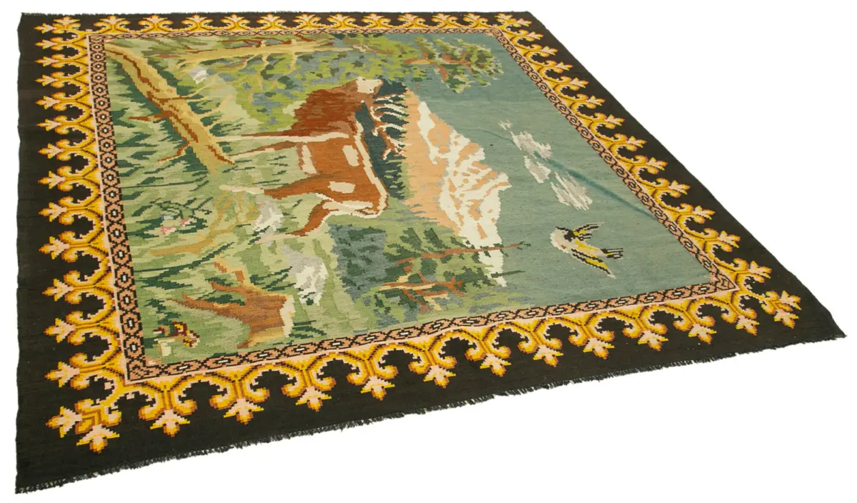 Moldovian Klasik Göbekli Siyah Pamuk Üzerine Yün El Dokuma Kilim-212x217 - Görsel 2