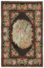 Moldovian Klasik Göbekli Siyah Pamuk Üzerine Yün El Dokuma Kilim-216x338