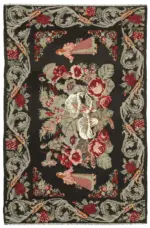 Moldovian Klasik Göbekli Siyah Pamuk Üzerine Yün El Dokuma Kilim-192x292