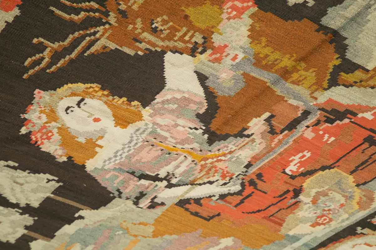 Moldovian Klasik Göbekli Siyah Pamuk Üzerine Yün El Dokuma Kilim-172x256 - Görsel 5