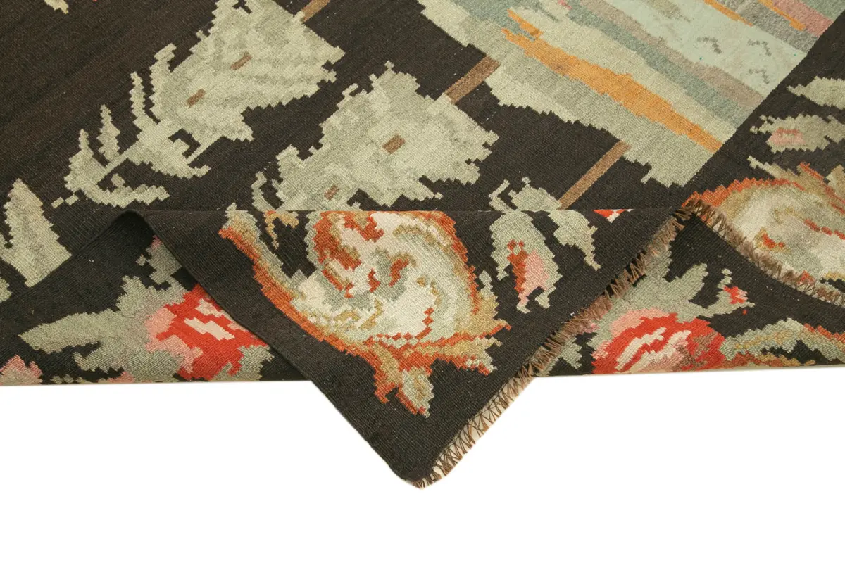 Moldovian Klasik Göbekli Siyah Pamuk Üzerine Yün El Dokuma Kilim-172x256 - Görsel 6