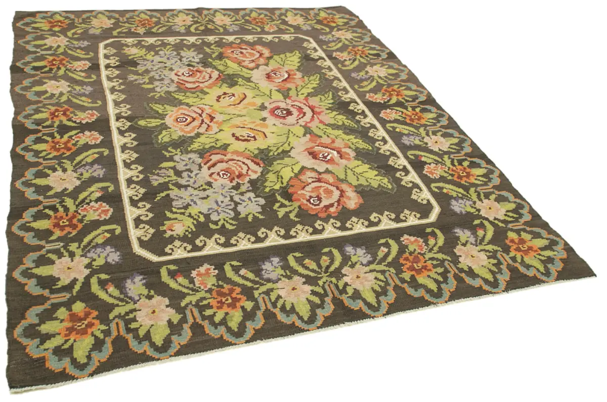 Moldovian Klasik Göbekli Kahverengi Pamuk Üzerine Yün El Dokuma Kilim-189x248 - Görsel 2