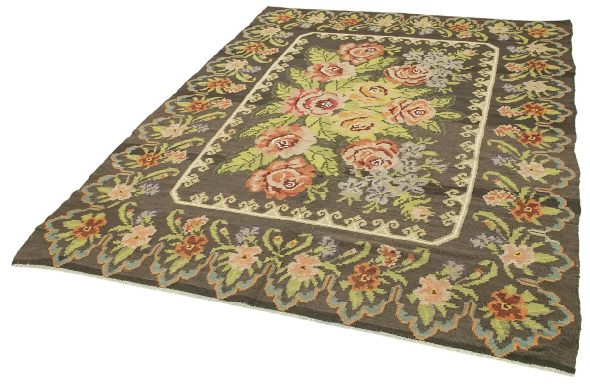 Moldovian Klasik Göbekli Kahverengi Pamuk Üzerine Yün El Dokuma Kilim-189x248 - Görsel 3