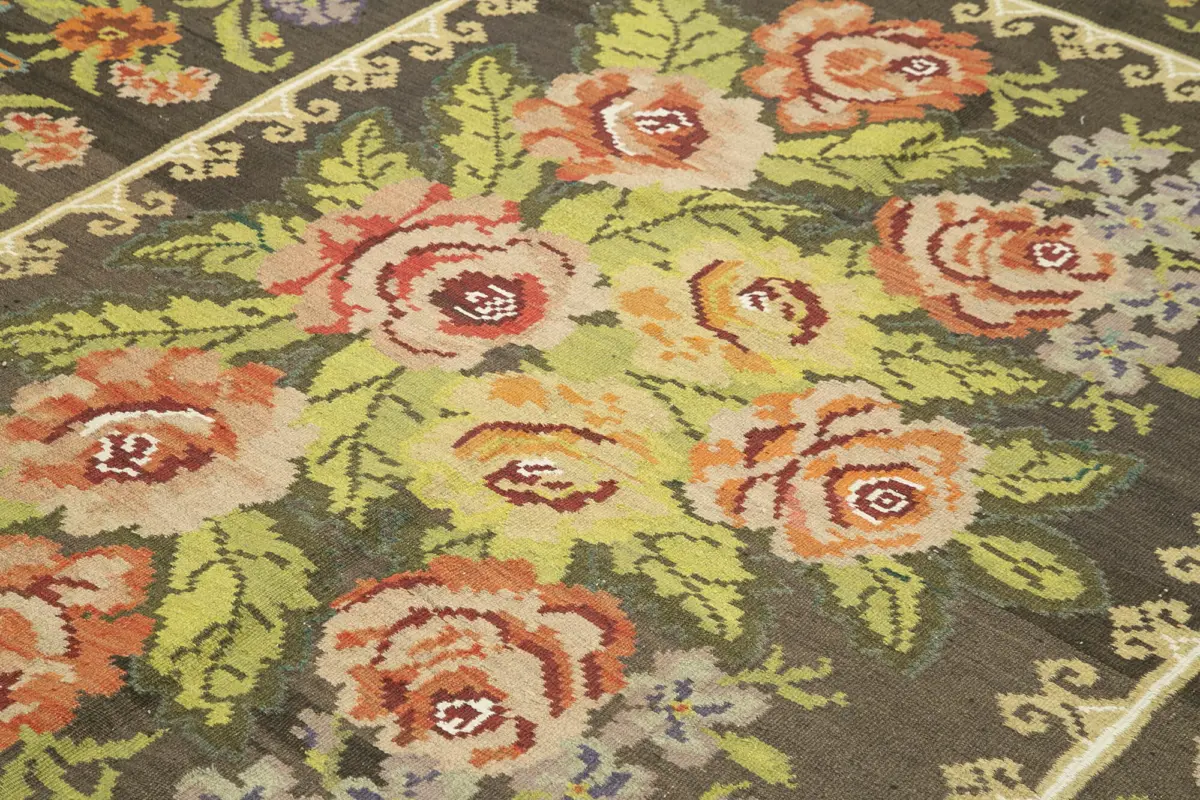 Moldovian Klasik Göbekli Kahverengi Pamuk Üzerine Yün El Dokuma Kilim-189x248 - Görsel 5