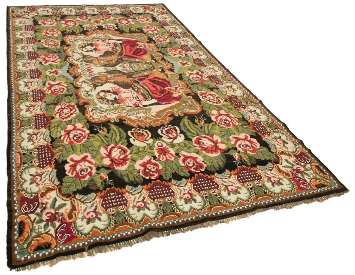 Moldovian Klasik Göbekli Siyah Pamuk Üzerine Yün El Dokuma Kilim-193x340 - Görsel 2