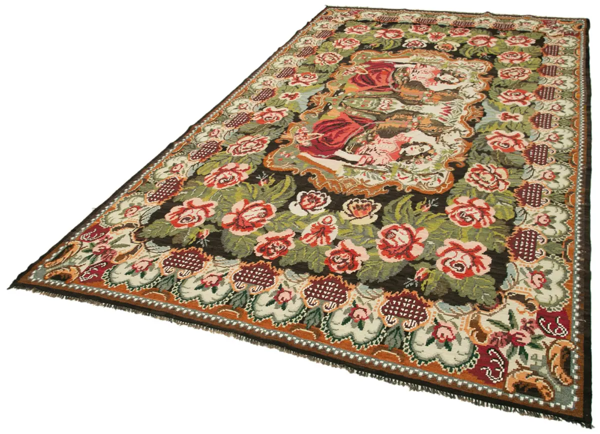 Moldovian Klasik Göbekli Siyah Pamuk Üzerine Yün El Dokuma Kilim-193x340 - Görsel 3