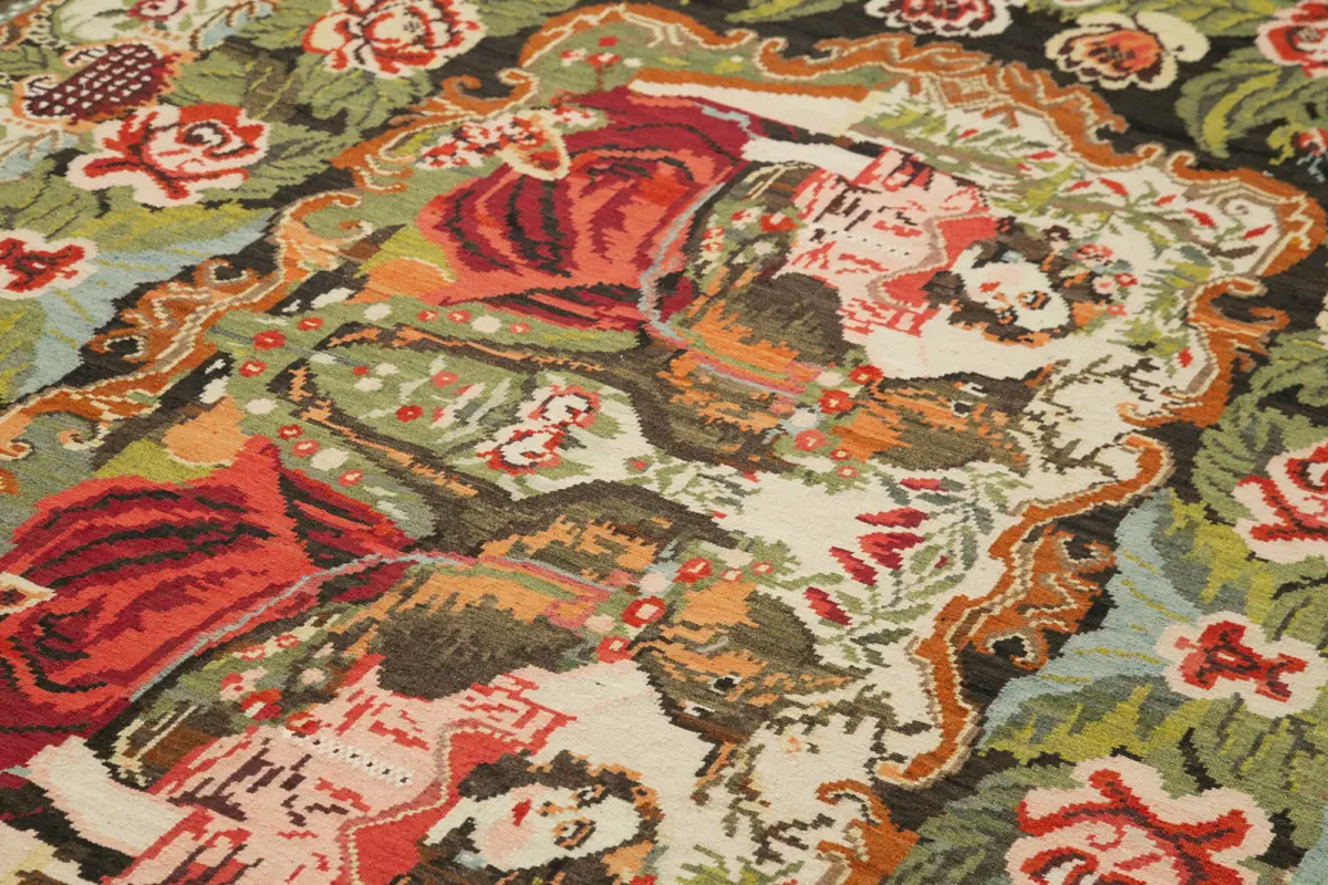 Moldovian Klasik Göbekli Siyah Pamuk Üzerine Yün El Dokuma Kilim-193x340 - Görsel 5