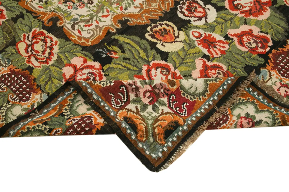 Moldovian Klasik Göbekli Siyah Pamuk Üzerine Yün El Dokuma Kilim-193x340 - Görsel 6