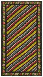 Moldovian Klasik Göbekli Siyah Pamuk Üzerine Yün El Dokuma Kilim-173x310