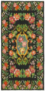 Moldovian Klasik Göbekli Siyah Pamuk Üzerine Yün El Dokuma Kilim-200x403