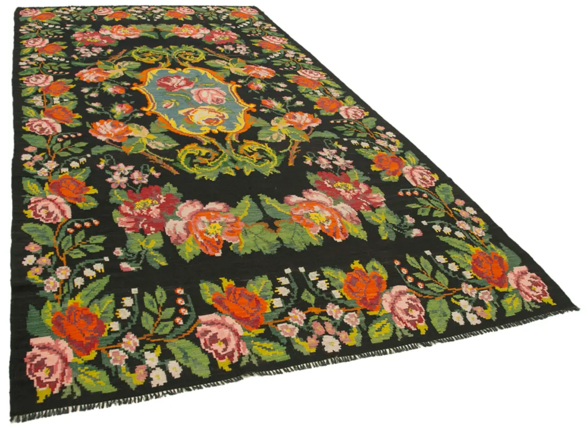 Moldovian Klasik Göbekli Siyah Pamuk Üzerine Yün El Dokuma Kilim-200x403 - Görsel 2